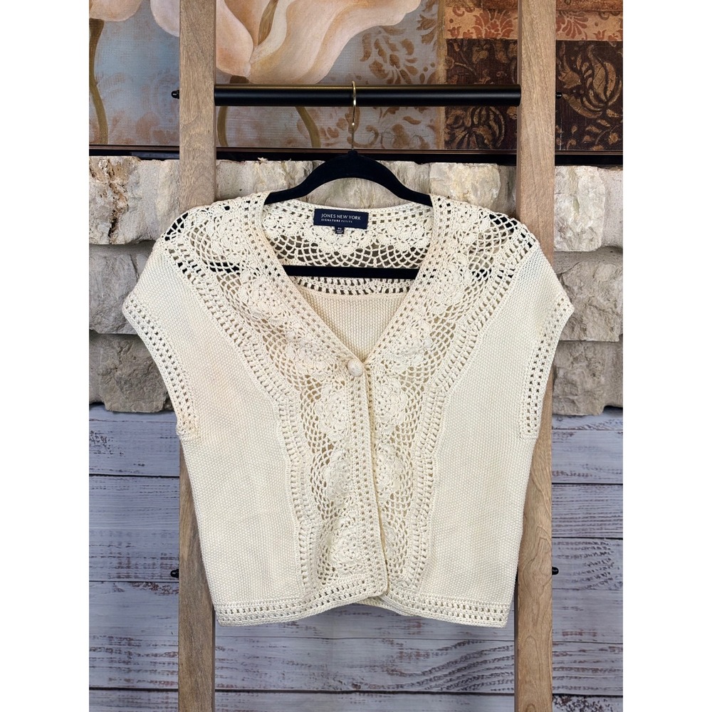 Jones New York Signature Small Petite Cream Crochet Lace Cotton Cardigan